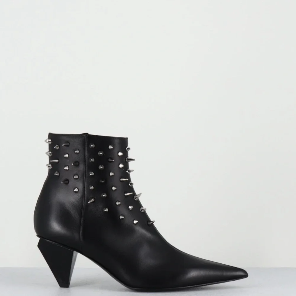 Agl MADE IN ITALY LEATHER Black Studded Ankle Booties with Angular Heel - Picture 3 of 4